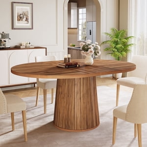 Fnova 55" Oval Dining Table for 6 People, Farmhouse Wood Kitchen Table with Round Shaped Base, Easy to Assemble