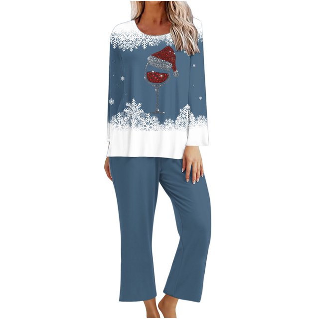 Pisexur Pyjamas de Noël pour Femmes Ensemble Deux Pièces Tendance Vacances Imprimé Verre de Vin Rouge Pjs Décontractés Manches Longues Col Rond Hauts Pantalons de Pyjama Vêtements de Nuit