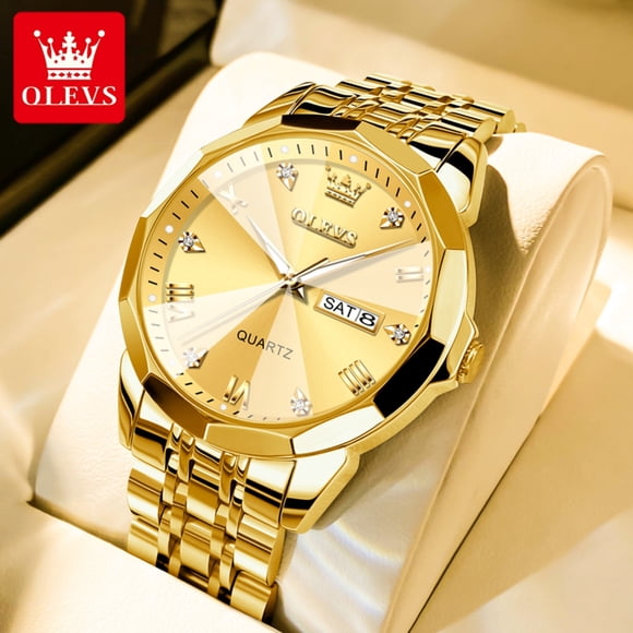 OLEVS Gold Watch for Men Diamond Luxury Casual Dress Stainless Steel Date Quartz Watch Waterproof Luminous, Gifts for Men, Adult Male Wristwatch