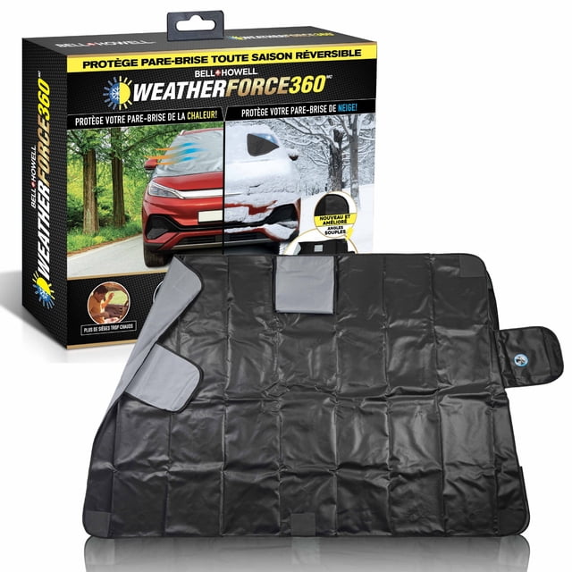 Bell + Howell Weather Force 360 black reversible anti-theft automotive windshield shade measuring 10ft x 6ft, displayed with its packaging. The shade features a durable, all-weather design for protection against heat, snow, ice, and frost. Built-in magnets and security panels ensure anti-theft functionality, while soft-grip corners allow for easy installation. The product is shown unfolded, highlighting its compact and travel-friendly design with a storage bag included.