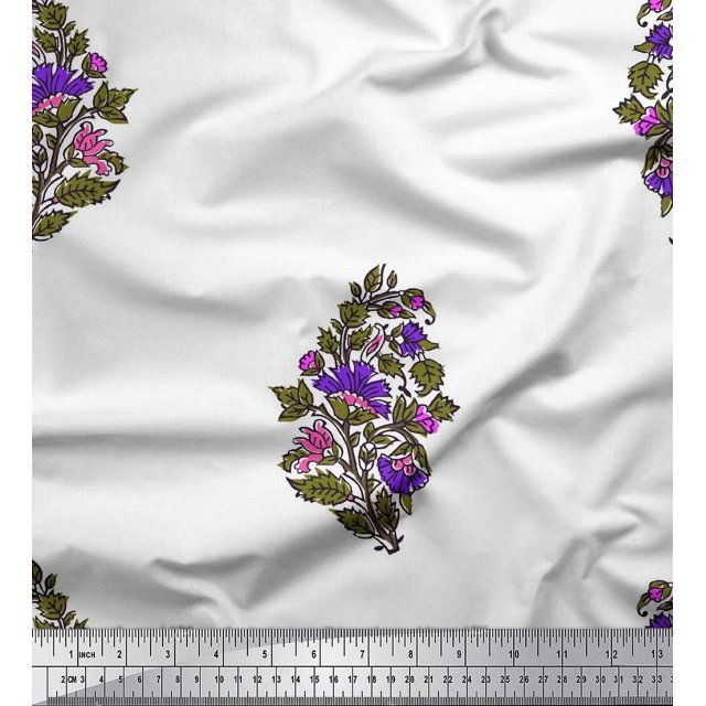 Soimoi Polyester Crepe Fabric Leaves & Floral Block Print Fabric by Yard 52 Inch Wide