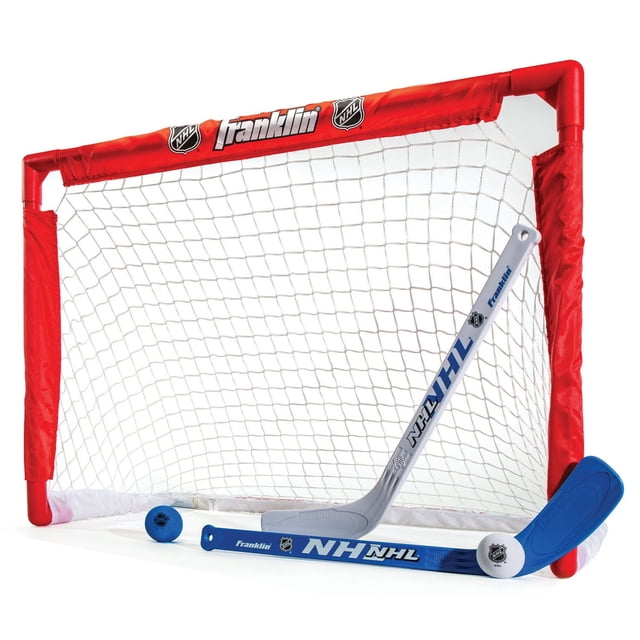NHL Kids Mini Hockey Set with a 28" x 20" red mini goal featuring white netting, two mini hockey sticks—one blue right-handed and one silver left-handed—both with NHL and Franklin branding, plus two foam mini hockey balls in blue and white, suitable for indoor or outdoor play.