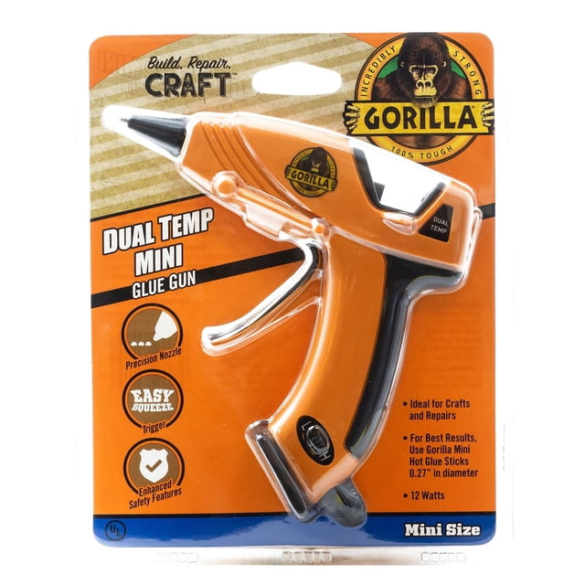 Dual Temp Hot Glue Gun by Gorilla in orange and black with precision nozzle, easy squeeze trigger, enhanced safety features, built-in stand, and wide base, ideal for crafts and repairs in craft supplies and glue adhesives.