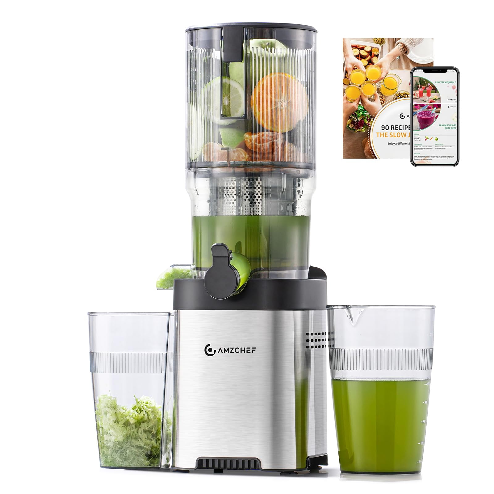 AMZCHEF Cold Press Juicer, 5.4" Juicer Machines with Large Feed Chute for Whole Fruits & Vegetables, Stainless Steel Juice Extractor with Large Auger