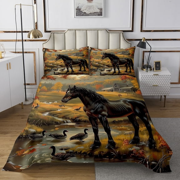 Erosebridal Farmhouse Horse Coverlet Set Queen, Lake Duck Bedspread Sets Queen Size, Rustic Animal Bed Set, Microfiber Bedroom Decoration, 3pcs