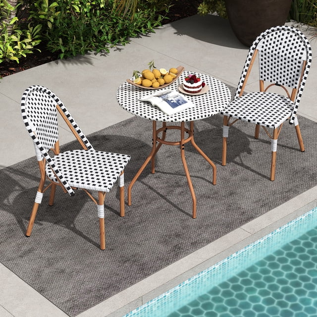 Gymax Ensemble Bistro Français 3 Pcs Table et Chaises d'Extérieur en Osier Table Ronde et 2 Chaises de Salle à Manger