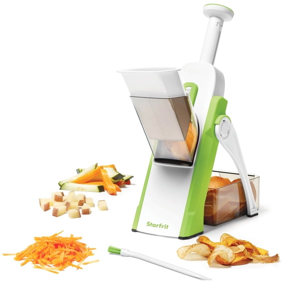 Starfrit Pump'n'Slice, Vertical Mandoline, Food Chopper, Slicer, Safe Enclosed Blades, Folds for Storage, Cleaning Tool -2-in-1