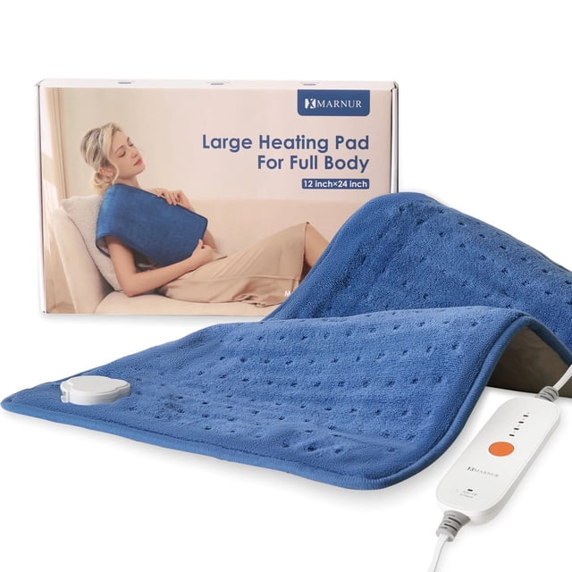 Heating Pad, Large Size 12''x24'' with 4 Heat Settings, Auto Shut-off - Blue. A soft, blue heating pad made of ultra-soft coral fleece, featuring customizable heat with 4 adjustable settings, deep heat therapy, and a 2-hour auto shut-off. Includes an extra-long power cord for flexible use and a handheld controller for easy operation. Ideal for full-body relief targeting back, neck, shoulders, and legs. Presented alongside its packaging showing a seated woman using the heating pad.
