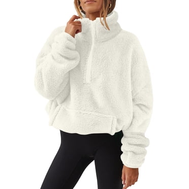 Plebaso Chandails Molletonnés Sherpa à Demi-Glissière en Peluche pour Femmes, Coupe Ample, Hauts Chauds pour Femmes avec Poche