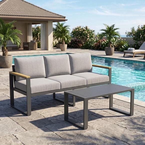 GOGRANT Aluminum Patio Sofa Set, 3-Seat Outdoor Couch with Coffee Table & Thick Cushions, Rust-Proof Frame for Deck Backyard Poolside Garden