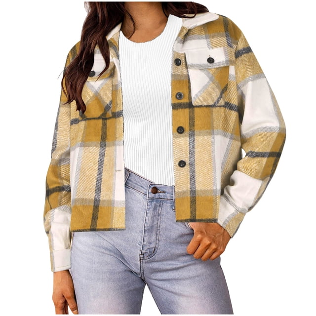 Erwazi Flannels Shirts for Women Cropped Shacket Jacket Trendy Plaid Button Down Shirt Fall Tops