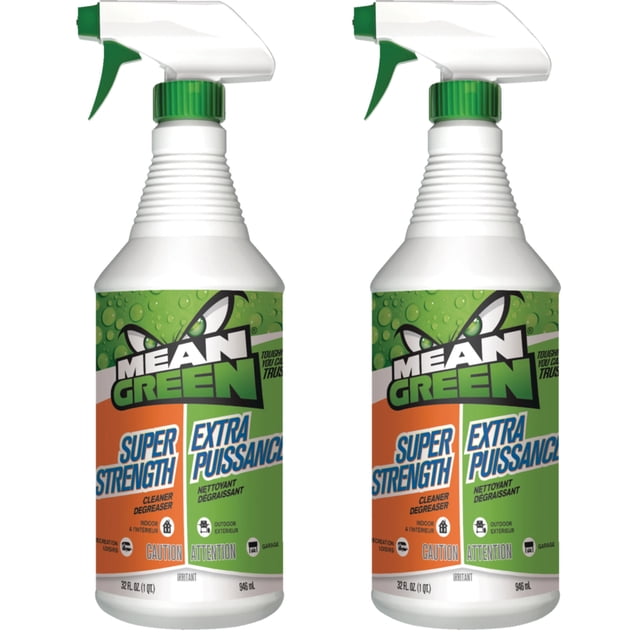 Mean Green Super Strength Cleaner, 32-oz (Pack of 2), featuring two spray bottles with green and orange labels. This versatile liquid cleaner and degreaser is designed for heavy-duty messes and gentle enough for fabrics. It works on surfaces like fiberglass, ceramic, glass, wood, and stainless steel, effectively removing grease, lime, rust, and stains. The biodegradable, non-toxic formula can be used full strength or diluted for smaller jobs.