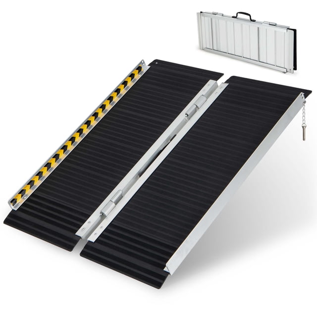Costway Portable Aluminum Wheelchair Ramp 3 FT with transition plate and non-slip surface. Designed for mobility aids, including wheelchairs and strollers. Features a foldable design for compact storage and portability. Made of rustproof aluminum with reflective safety stickers, safety pins, and stable hinges for enhanced durability. Supports up to 600 lbs and provides secure access as a threshold ramp.