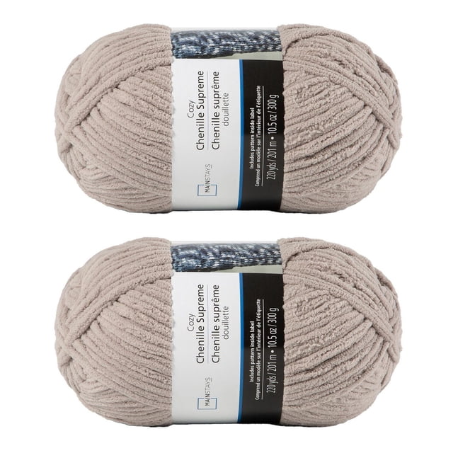 MAINSTAYS 2 pack warm grey polyester yarn in chenille supreme style, each skein 220 yards and 10.5 ounces, jumbo gauge 6 ideal for knitting cozy blankets, pillows, and scarves, often used for quick large projects.