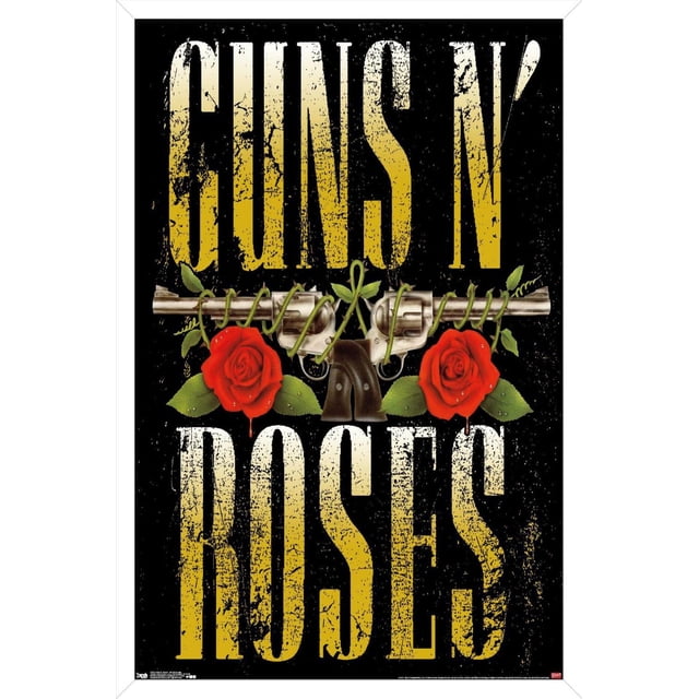 Guns N' Roses - Stacked Logo Wall Poster, 22.375" x 34" with a centered front view of two silver revolvers crossed horizontally, wrapped with green rose stems, flanked by two red roses with water droplets on green leaves, set on a black background with distressed yellow and white text reading 'GUNS N' ROSES'. This glossy poster is ideal for bedroom, office, or dorm wall decor.