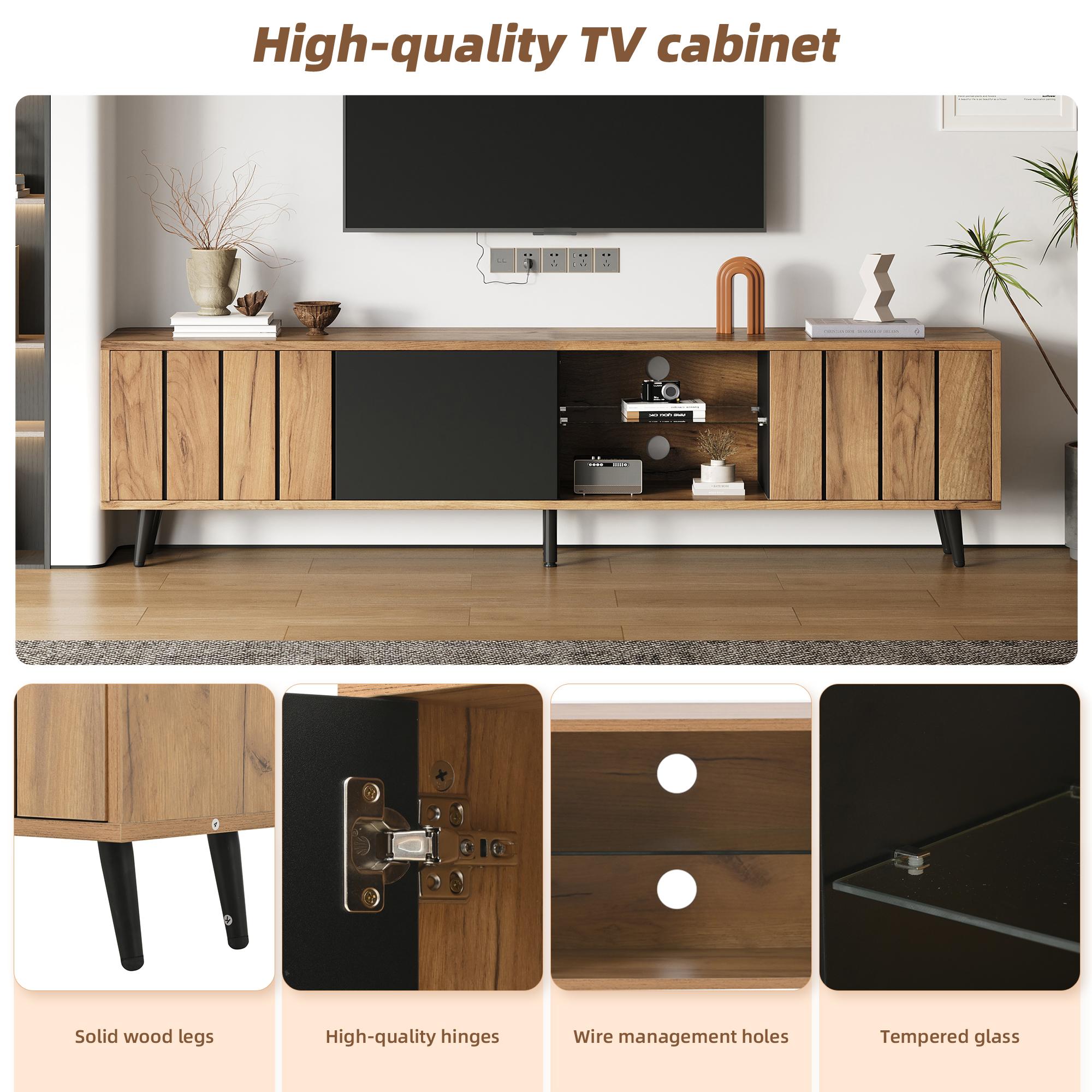 Homy Casa 65" TV Stand, Modern Media Console with Doors, Tempered Glass Shelf, Cable Holes, Natural Wood Black
