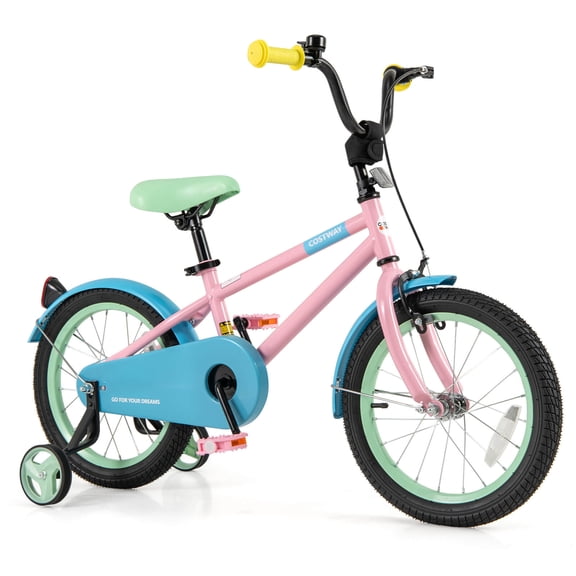 Costway Vélo pour Enfants 16 Pouces avec Selle et Guidon Ajustables, Roues Stabilisatrices Amovibles, Frein à Main, Rose