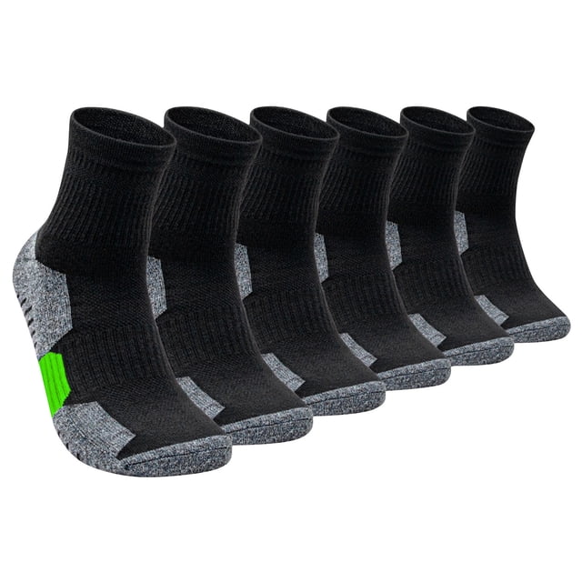 RKSTN Mens Socks 6 Pairs Thick Bottom Of Loop Elastic Training Exercise In Tube Socks. The image displays six pairs of black socks with grey accents and a green detail on the sole. These socks are crafted from breathable fiber material, offering comfort and durability with reinforced heels and toes. Ideal for activities such as walking, hiking, and gym workouts, they include a non-slip elastic cuff and cushioned bottom for enhanced support. Free size fits men’s shoe sizes 38-43.