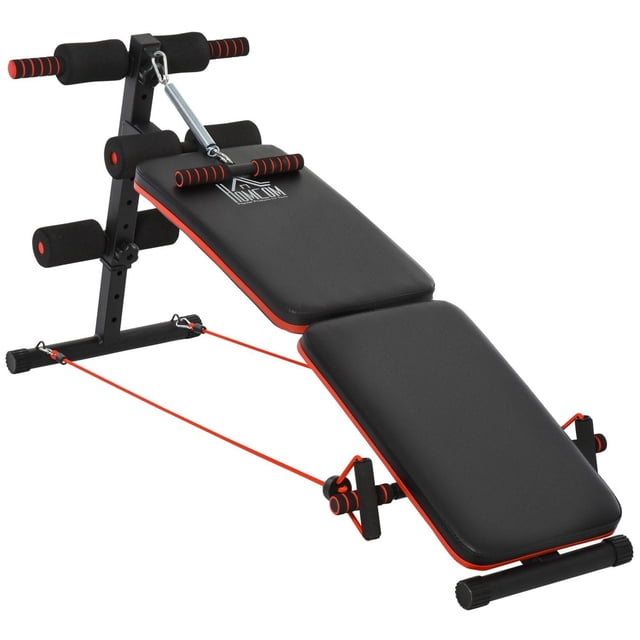 Soozier Banc d'Entraînement Pliable Assis-Debout avec Noyau pour Gym à Domicile Noir avec Banc Incliné Rembourré Noir avec Garniture Rouge, Soutien de Cuisse Ajustable, Rouleaux en Mousse pour Ancrage des Jambes, Cadre en Acier et Cordes de tension de Résistance Rouges avec Poignées, Convient aux Exercices du Noyau, de l'Abdomen, de la Taille, des Jambes et des Bras.