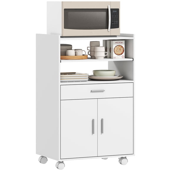 HOMCOM Microwave Cart with Wheels, Microwave Stand with Drawer, White