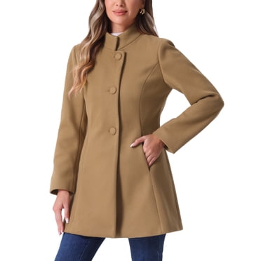 INSPIRE CHIC Women's Mid-Length Stand Collar Coat Single Breasted Winter Overcoat with Slant Pockets & Full Lining Camel XS