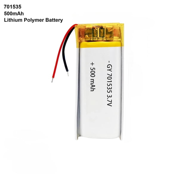 3.7V 500mAh Li-Ion Battery 701535 Lithium Polymer Rechargeable Battery with a compact rectangular design, visible red and black wires for connection, and built-in intelligent protection PCB charging module to prevent overcharge, over-discharge, overcurrent, and short circuit. Ideal for Bluetooth headsets, GPS devices, toys, and other electronics requiring a rechargeable lithium polymer battery of this size and capacity.