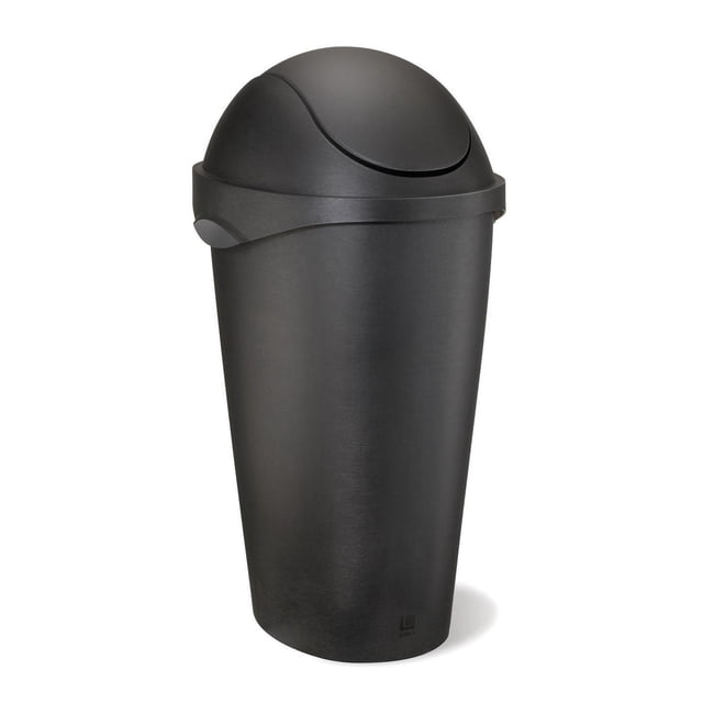 Umbra Swinger 12-Gallon (45 L) Swing-Top Waste Can front-facing, space-saving rectangular polypropylene can with brushed finish; swing-top lid hides liner and locks with soft-touch clips, non-slip feet, measures 28 x 18 x 13 inches; suitable for kitchen recycling in narrow spaces.