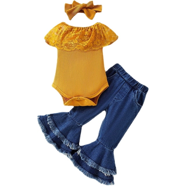 Plebaso Baby Girls Two-Piece Sets Sleeveless Round Neck Tops Flared Denim Pants Kids Summer Clothes
