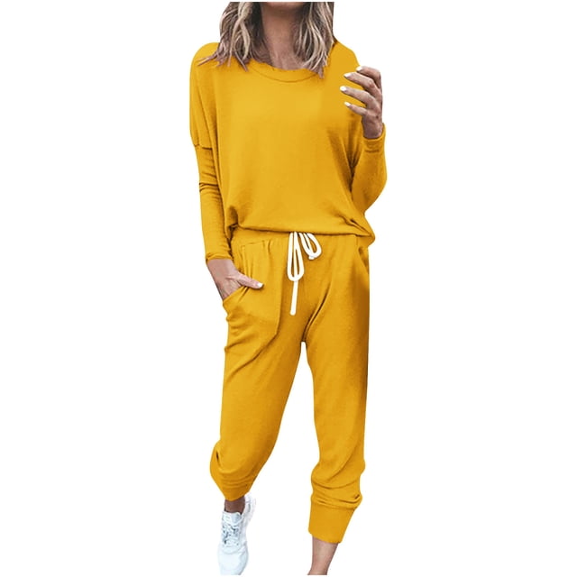 Birdeem Womens Printing Round Neck Long Sleeve Solid Two-Piece Comfortable Home Pajamas Pocket Set Sports Set