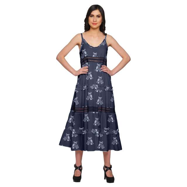 Moomaya Robe Longue Maxi Imprimée pour Femmes Sans Manches à Col en V Décontractée Évasée Kurta