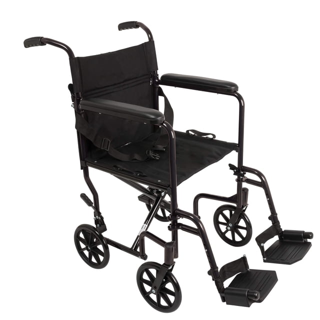 ProBasics Fauteuil Roulant de Transport en Aluminium avec Siège de 19 Pouces en Noir. Ce Fauteuil de Transport Léger Présente un Cadre en Aluminium durable, des Accoudoirs Rembourrés et des Repose-Pieds Réglables. Conçu pour l'Aide à la Mobilité, Il Comprend Quatre Roues Robustes pour un Transport Fluide.