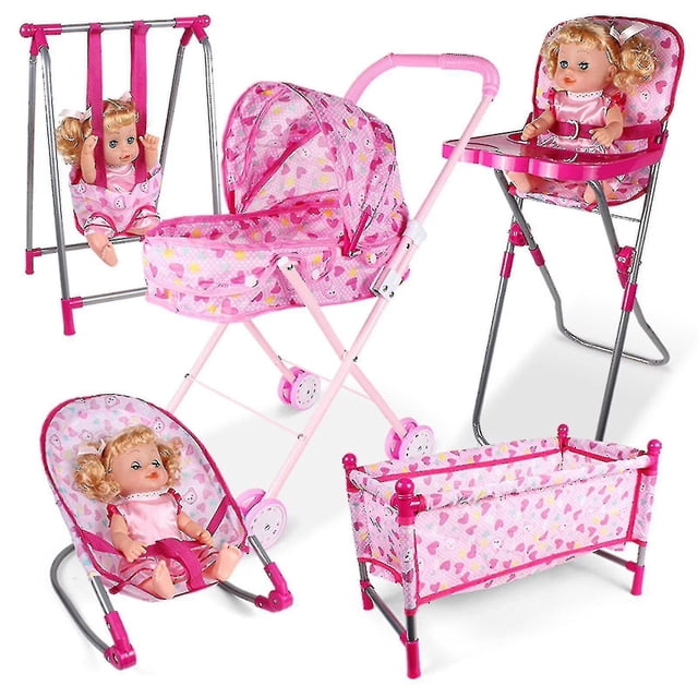 Poussette pour Enfants Buggy de Luxe - Ensemble de Jouets Poussette pour Bébé, Landau, Poupée, Lit de Camp avec Poussette Rose, Balançoire, Chaise Berçante, Chaise de Salle à Manger et Lit avec Motifs de Cœurs et de Fleurs. Accessoires Parfaits pour Poupées pour les Jeux de Rôle et le Jeu Parental, Encourageant l'Imagination et la Créativité. Conception Légère et Pliable Convient aux Poupées, Oursons Ou Jouets en Peluche. Cadeau Idéal pour les Enfants pour les Anniversaires Ou les Fêtes.