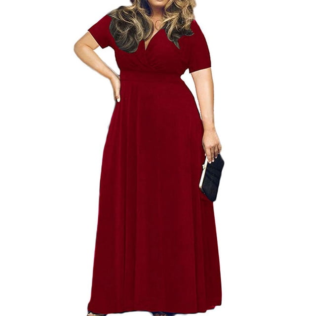 Robe Maxi de Soirée pour Femme, Unie, à Col en V, à Manches Courtes, Grande Taille