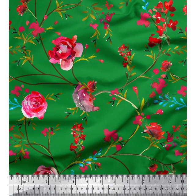 Soimoi Green Cotton Cambric Fabric Leaves & Ranunculus Floral Print Fabric by Yard 42 Inch Wide