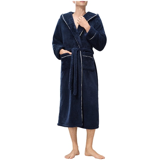 Mens Hooded Robe Plush Shawl Collar Kimono Bathrobe Soft Warm Flannel Fleece Spa Robes Housecoat Pajamas