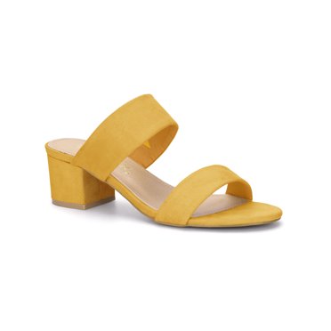 BLISSFUL STEP Women's Shoes Dual Straps Mid Chunky Heel Slide Sandals Yellow 7.5