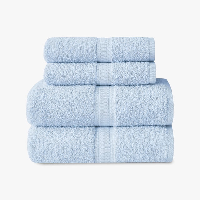 Mainstays Basics 4pk Towel Set, 2 Bath Towels, 2 Hand Towels, Soft & Durable, 100% Cotton, Light Blue centered view of two folded bath towels topped by two folded hand towels, solid light blue looped terry cotton with hemmed edges, machine washable and quick-drying, absorbent for daily use; often used as a gym or travel towel.
