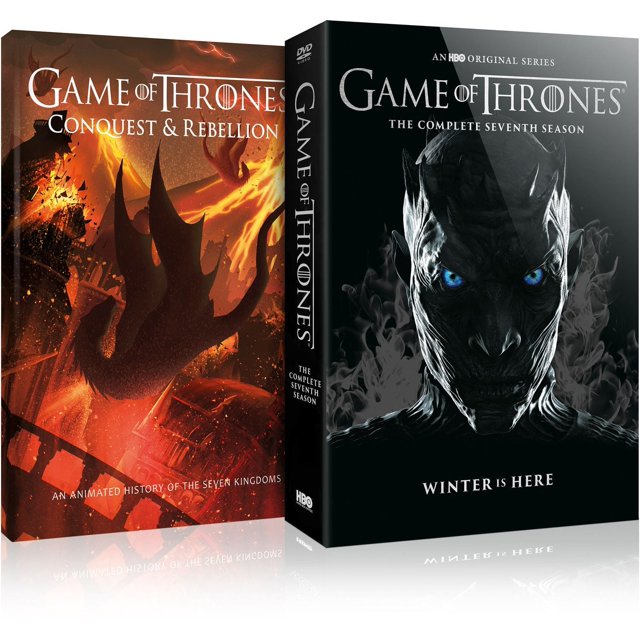 Game Of Thrones: The Complete Seventh Season (DVD + Conquest & Rebellion) (Bilingual) set featuring two cases. The first case showcases the Night King with glowing blue eyes and the text 'Winter is Here,' representing the seventh season of the series. The second case, titled 'Conquest & Rebellion: An Animated History of the Seven Kingdoms,' displays a fiery dragon silhouette against a blazing background. Both cases are bilingual and part of the Warner Bros. collection.