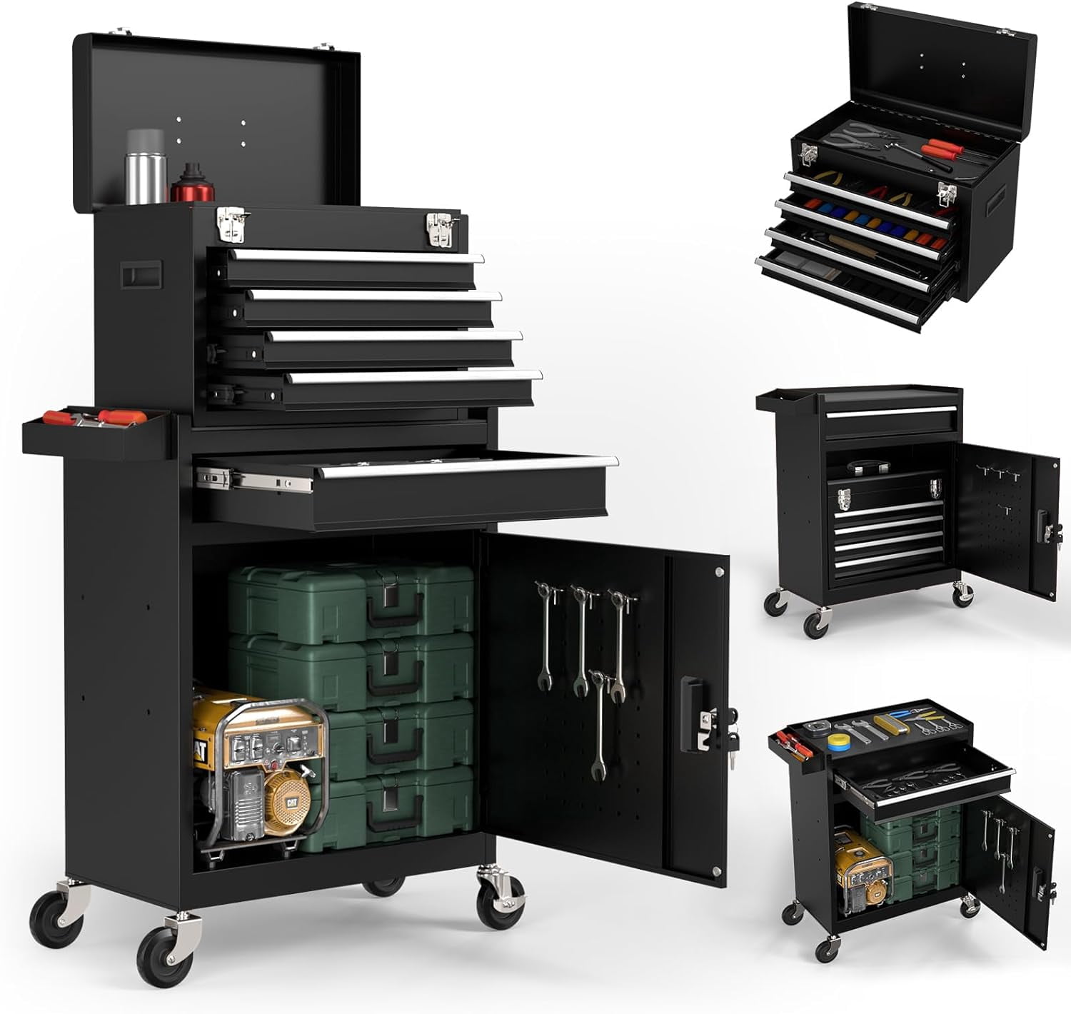 5-Drawers Black Tool Chest, 2-in-1 Mechanic Large Capacity Tool Cabinet Heavy Duty Mechanic Rolling Tool Box Metal Locking Tool Cart with Drawers and Wheels for Storage