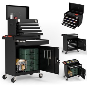 5-Drawers Poitrine à outils noire, 2-in-1 Mechanic grande capacité de l'outil Cabinet lourd de service de la boîte à outils de roulement mécanique métal de verrouillage panier avec tiroirs et roues pour le stockage