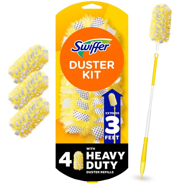 Swiffer Duster Kit with 3 ft extendable handle and four yellow heavy duty duster refills featuring dust-busting strips and specially coated fibers to pick up dust and allergens, shown with packaging and assembled duster for cleaning ceiling fans, vents, and hard-to-reach places.