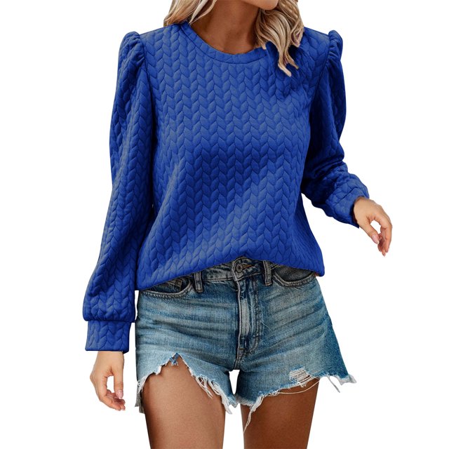 Timegard Hauts pour Femmes Grande Taille Manches Longues Bouffantes Col Rond Blouse Confortable Automne Chemises Décontractées Amples Hauts