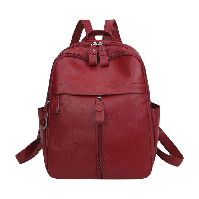 Red Leather Backpack, Durable Material With Multiple Compartments, Adjustable Straps, For School, Work, And Travel