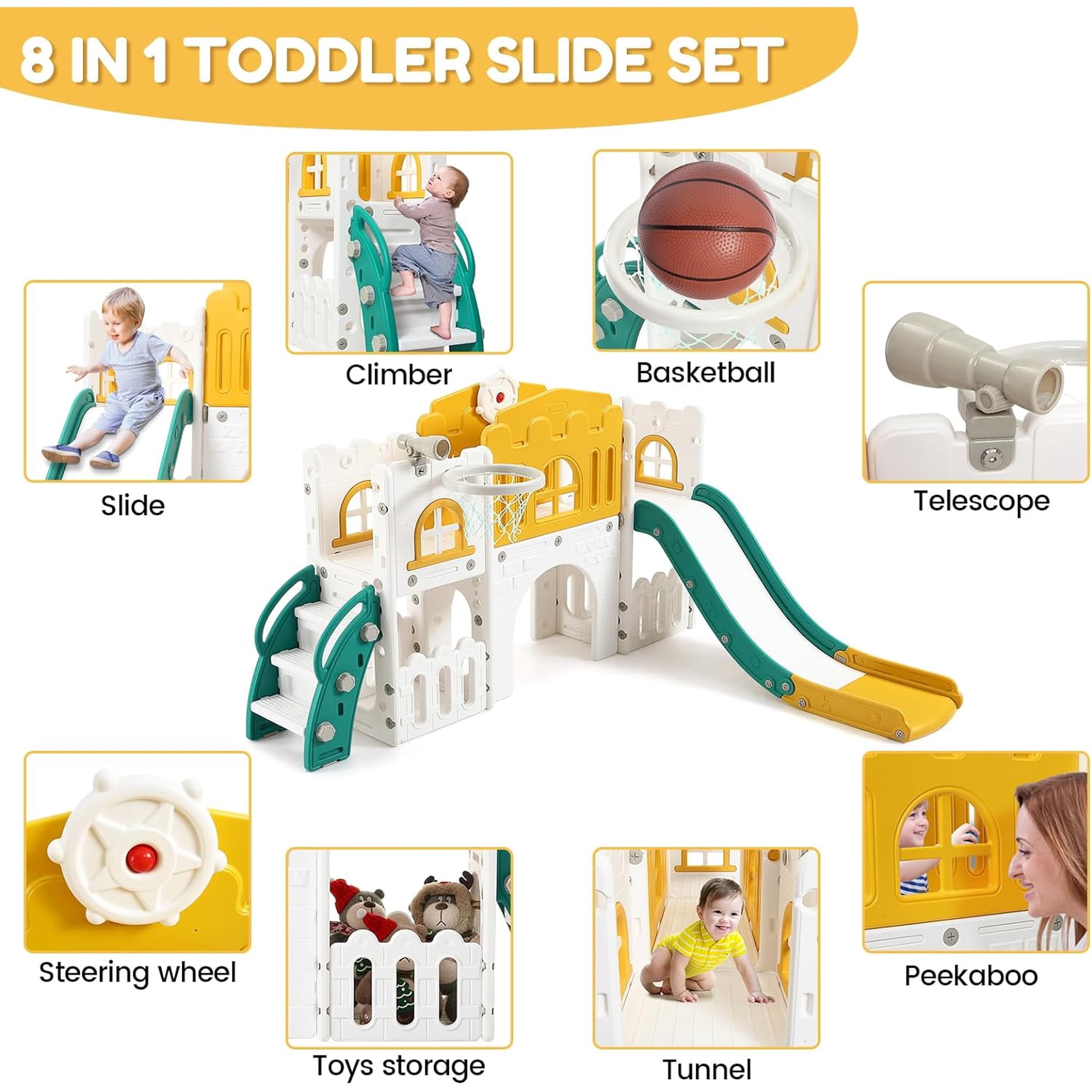 Jeu D'intérieur Extérieur PE Toboggan Enfant 8 En 1 Garvee - Avec Panier De Basket, Tunnel, Échelle Et Espace Rangement, 12+ Mois Luge Enfant