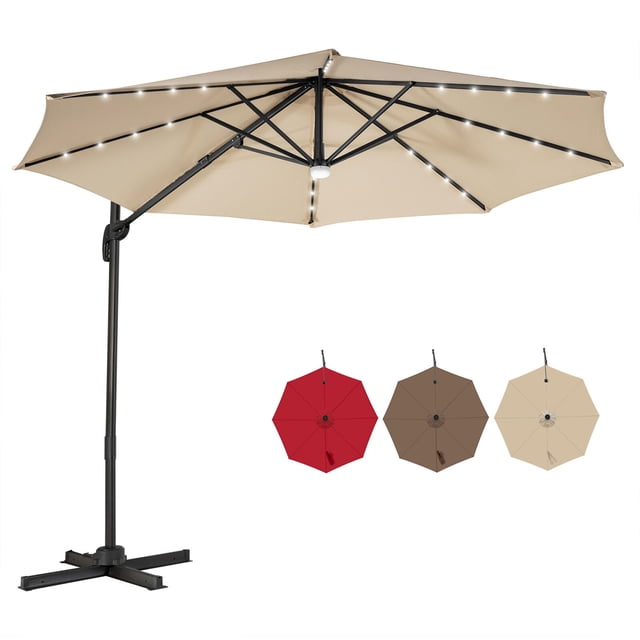 Gymax Parasol Solaire Déporté 10 Pieds 28 DEL Éclairé pour Patio Inclinaison Décalée 360° Extérieur Beige