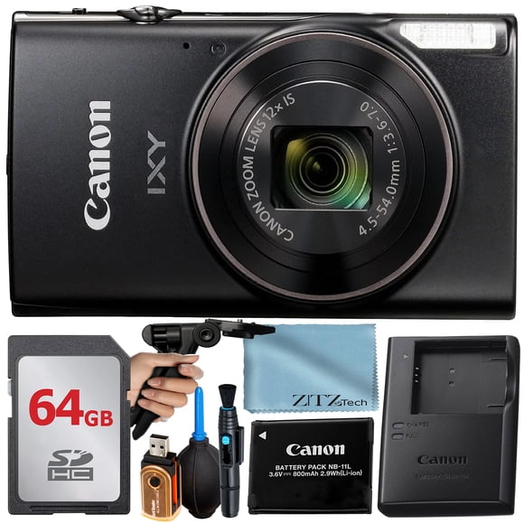 Canon PowerShot IXY 650 (ELPH 360) HS Digital Camera (Black) with 12x Optical Zoom Lens + 64GB Memory Card + Cleaning Pen + ZeeTech Starter Bundle