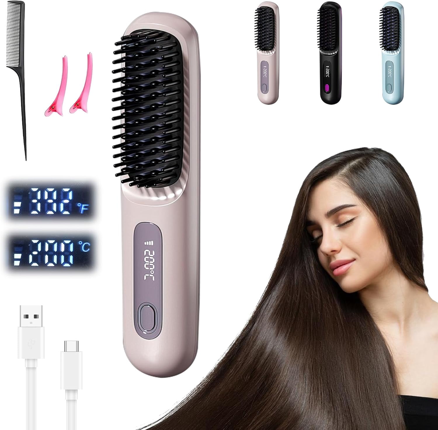Portable Cordless Hair Straightener Brush, Go Brush Pro Straightening Comb for Travel, Mini Electric Rechargeable Hair Heated Brushes with Led Screen for Short Medium Long Curly Hair (Purple)