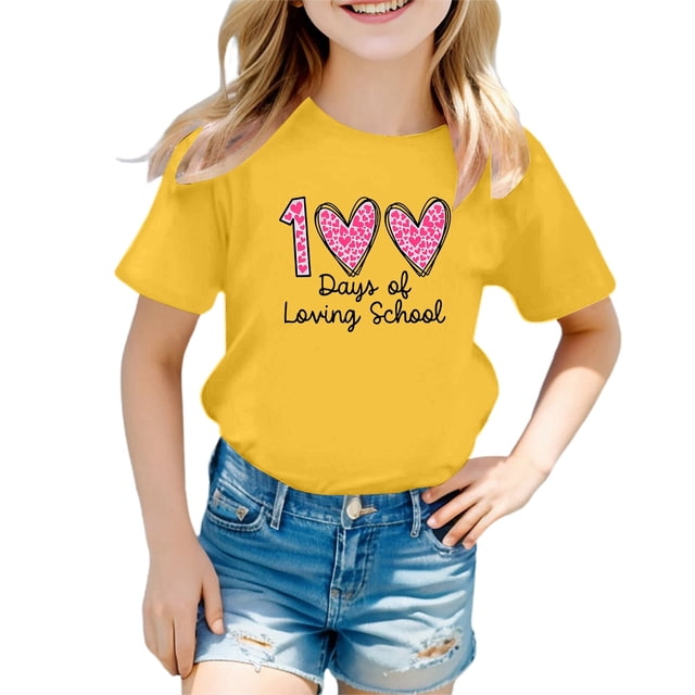 LUOGENLI T-Shirt pour Filles Enfants Mode Décontractée Imprimé Col Rond Ample Manches Courtes T-Shirt Haut Maxi Hauts Ensembles Filles Tenue 2 Pcs Grande Taille Jaune 10-11 Ans