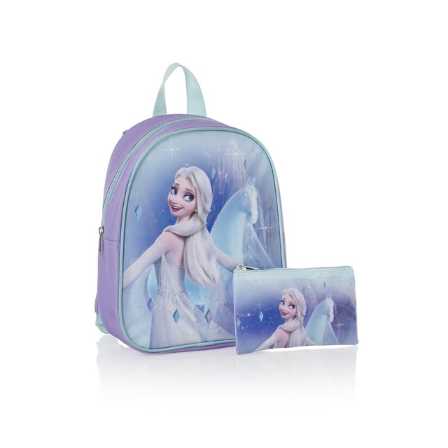 Frozen Econo Junior 2pc Set (D-EST-JBP-FZ01-23AR) preschool backpack with matching pencil case featuring Frozen character print; front-facing small backpack with padded shoulder straps, top carry handle, zippered main compartment and front pocket, polyester printed fabric on white background, fits preschool and early elementary essentials and often used to store crayons and pencils.