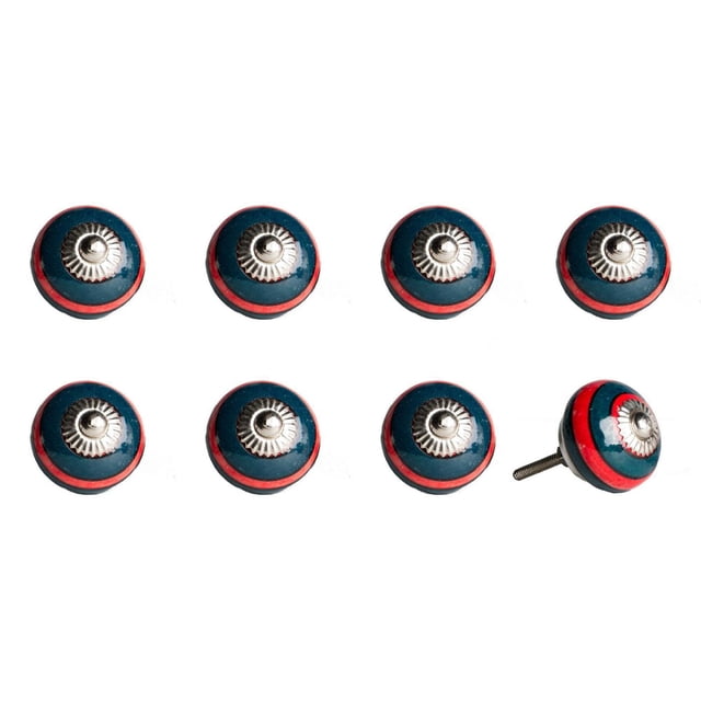 KNOB-IT vintage handpainted ceramic knobs 8 pack with round blue knobs featuring a red stripe and silver metal center, each with a 1.25-inch bolt, ideal for cabinet hardware and drawer updates, shown in two rows on a white background.
